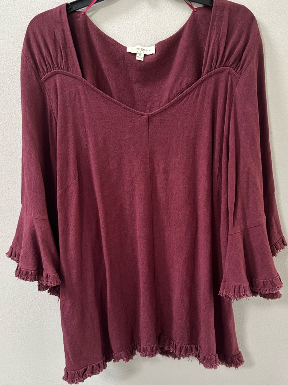 Umgee Burgundy Boho Blouse 1XL Distressed Bell Sleeve Flowy Peasant Top